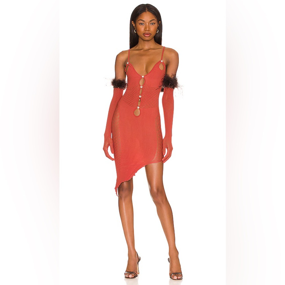 Poster girl Anita dress in burnt henna with matching gloves with ostrich fur
